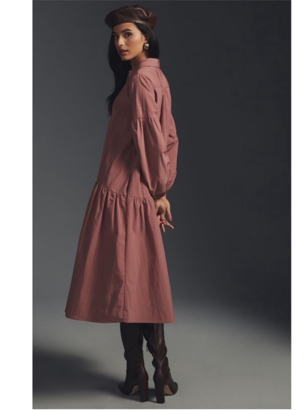 Anthropologie Maeve Taffeta Dress Button Front Rose Pink Midi - Picture 2 of 13